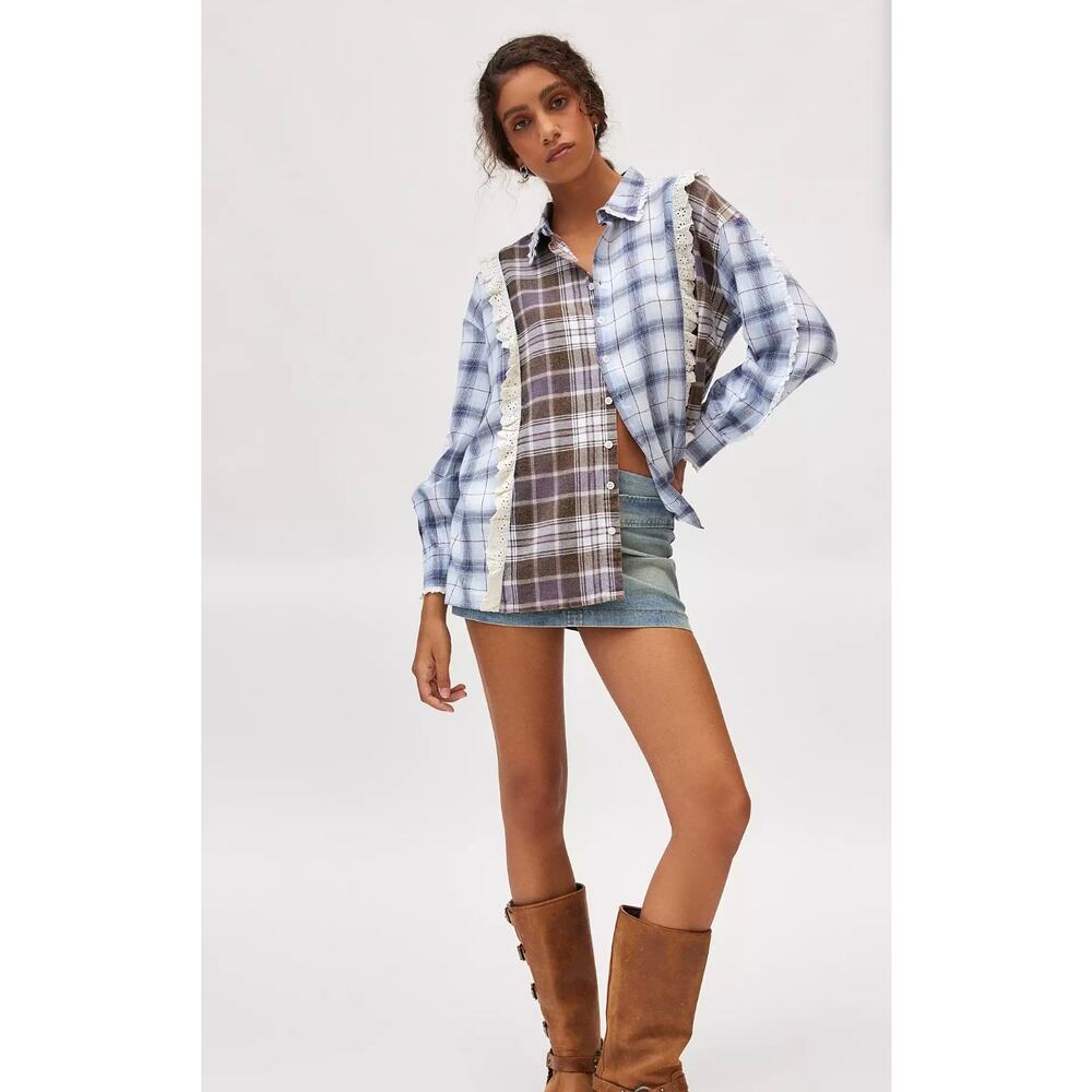 Urban Outfitters Womens Medium Blue Plaid Broderie Ruffle Long Sleeve Boho Top